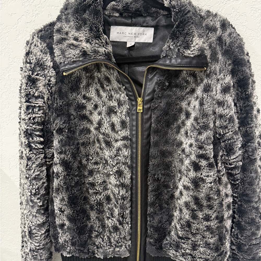 Marc New York Gray Faux Fur Jacket with Gold Zipper